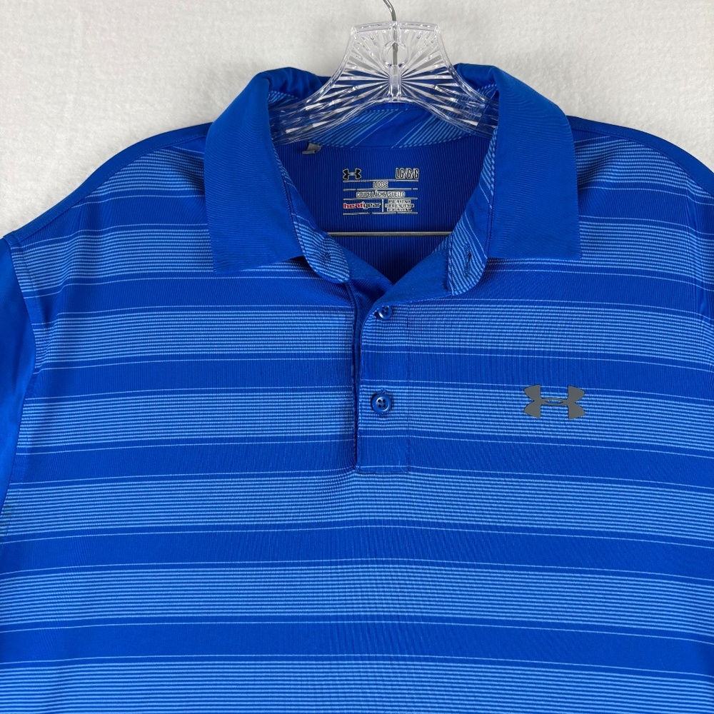 Under Armour, Blue Stripes, Loose, Heat Gear, Polo Short Sleeve, Shirt Size L - Picture 2 of 12